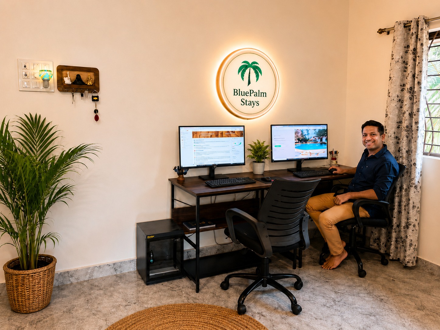 Mango & Moon office workspace with backlit logo